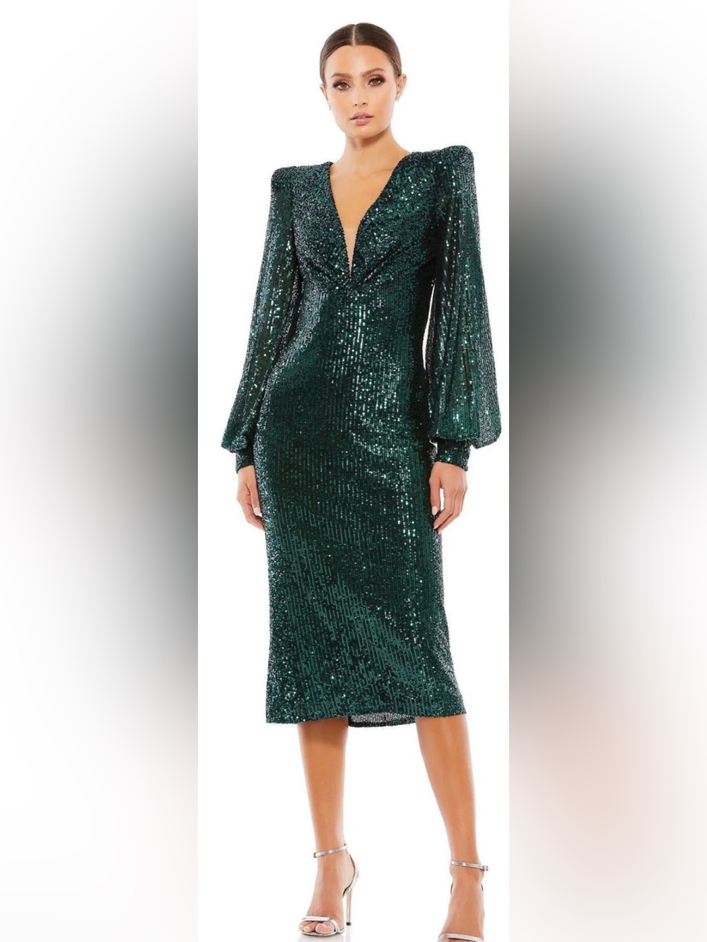 Mac Duggal Emerald Green Sequin Midi Dress